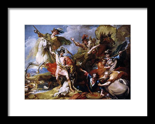 The Death Of The Stag Framed Print featuring the painting The Death of the Stag by Benjamin West by Rolando Burbon
