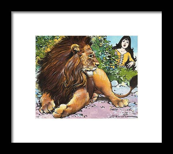 Princess Framed Print featuring the painting The Enchanted Lion, Fantasy Story by Jesus Blasco