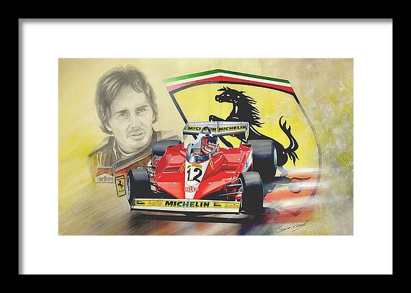 Ferrari Framed Print featuring the painting The Ferrari Legends - Gilles Villeneuve by Simon Read