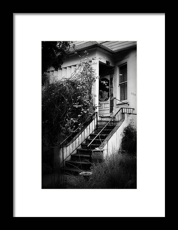 Black And White Framed Print featuring the photograph The Gargoyle at House 666 by Mary Lee Dereske