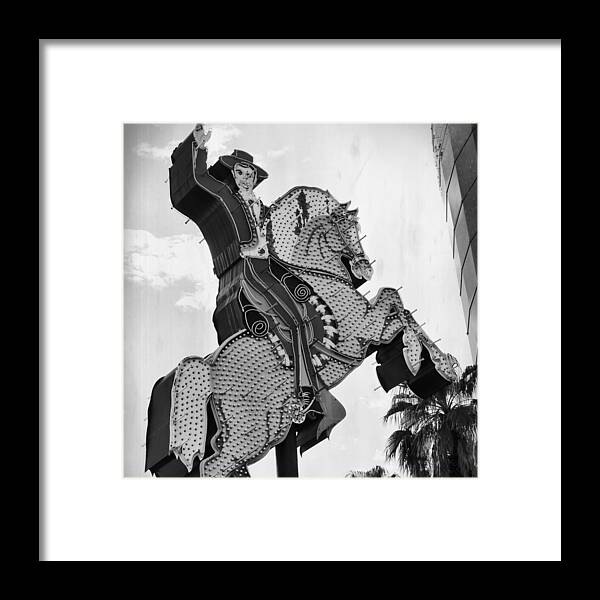 Cowboy Framed Print featuring the photograph The Hacienda Horse And Rider Neon Sign BW by Mary Pille