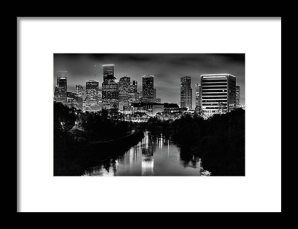 Texas Framed Print featuring the photograph The Houston Skyline Black and White by JC Findley