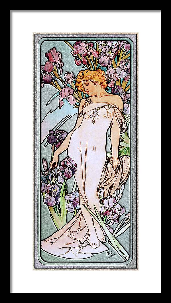 The Iris Framed Print featuring the painting The Iris by Alphonse Mucha Art Nouveau Artwork by Rolando Burbon