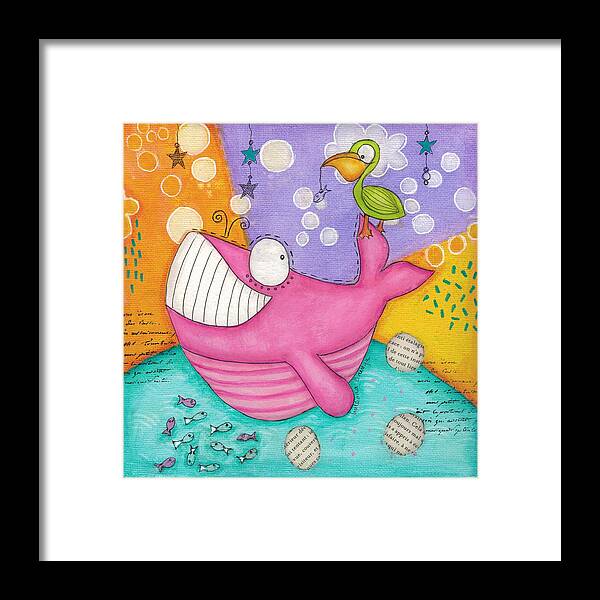 Whale Framed Print featuring the mixed media The joyful pink whale by Barbara Orenya