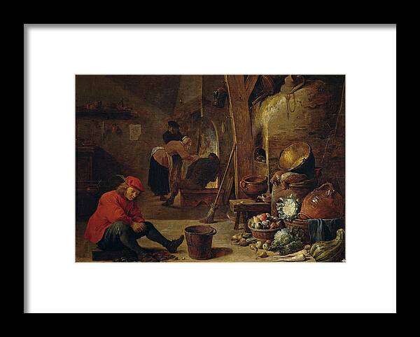 David Teniers The Younger Framed Print featuring the painting 'The Kitchen', 1643, Flemish School, Oil on panel, 35 cm x 50 cm, P01798. by David Teniers the Younger -1610-1690-
