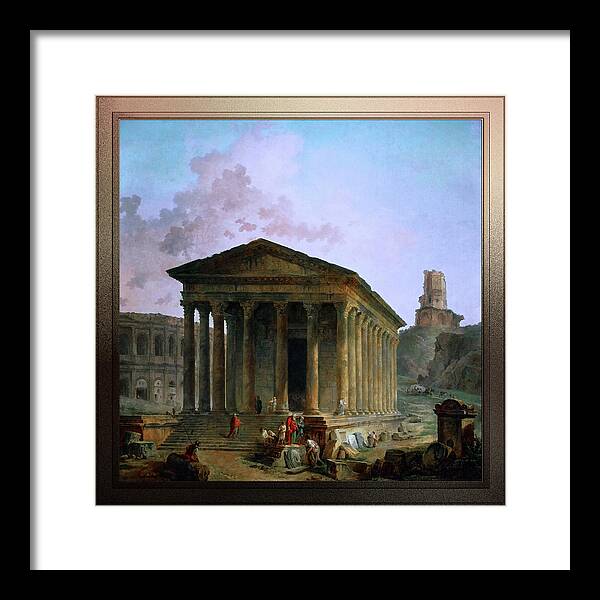 Maison Carée Framed Print featuring the digital art The Maison Caree the Arenas and the Magne Tower in Nimes by Hubert Robert by Rolando Burbon