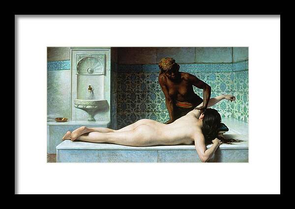 Edouard B Debat Ponsan Framed Print featuring the painting The massage. Scene in a hammam -Turkish bath-, 1883 Canvas. by Edouard Bernard Debat Ponsan Edouard Bernard Debat Ponsan
