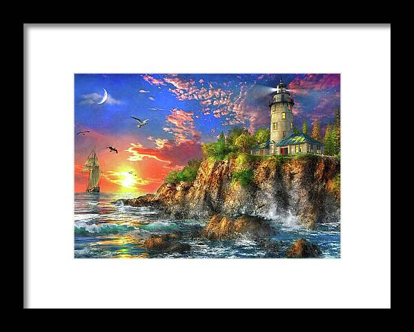 Sea Framed Print featuring the painting The Ocean Sunset Lighthouse by MGL Meiklejohn Graphics Licensing