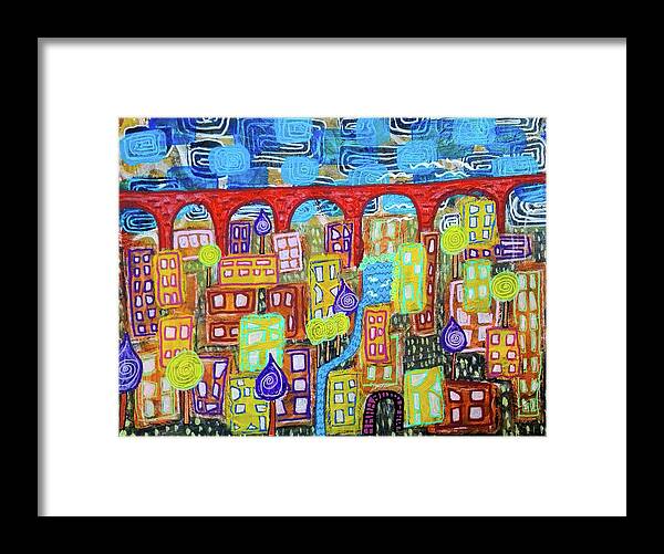 Red Bridge Framed Print featuring the mixed media The Red Bridge by Mimulux Patricia No