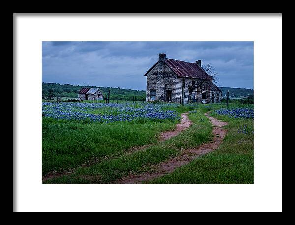 A Dirt Road Leads To A Charming 1800 Era Stone House In The Texas Hill Country As An Evening Storm Rolls In. Framed Print featuring the photograph The Road Home by Johnny Boyd