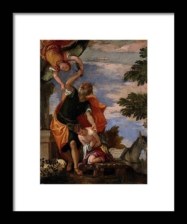 Paolo Veronese Framed Print featuring the painting 'The Sacrifice of Isaac', ca. 1586, Italian School, Oil on canvas, 129 cm x 95 ... by Paolo Veronese -1528-1588-