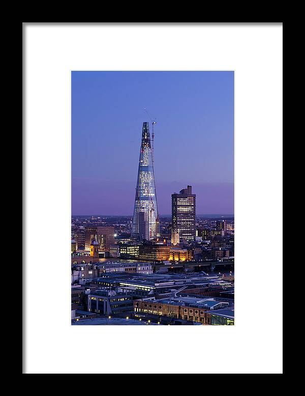 Corporate Business Framed Print featuring the photograph The Shard Skyscraper At Dusk, London by Dynasoar
