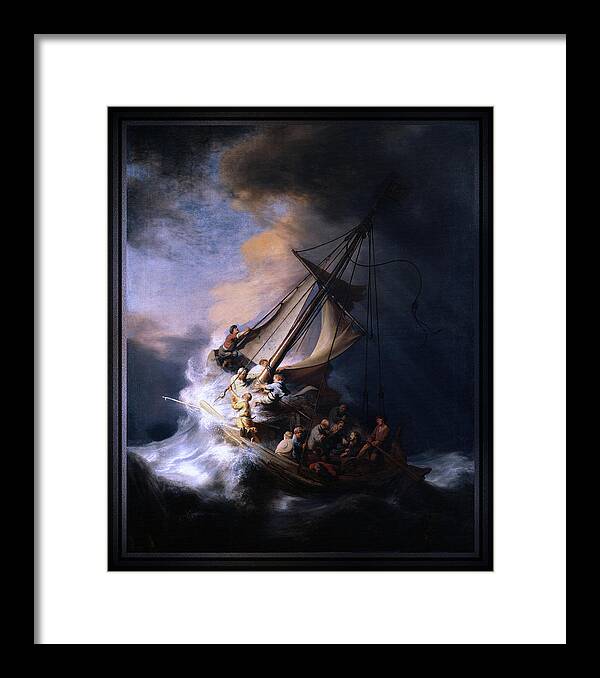 The Storm On The Sea Of Galilee Framed Print featuring the digital art The Storm on the Sea of Galilee by Rembrandt van Rijn by Rolando Burbon