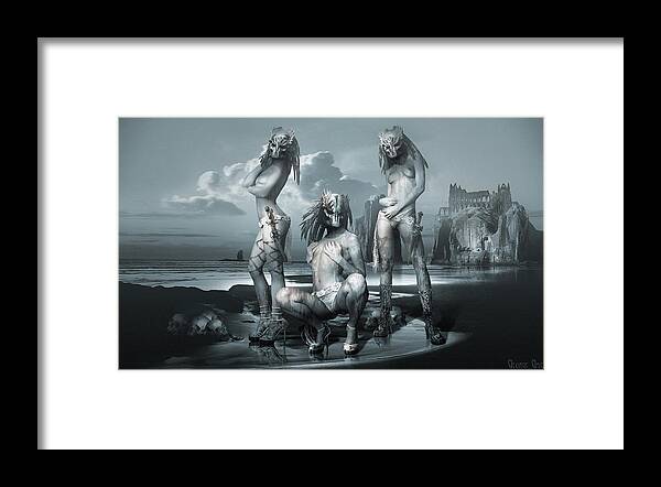 Surrealism Art Gothic Neosurrealism Goth Fantasy Landscape Artist Digital 3d Photography Matte Painting Computer Framed Print featuring the digital art The three graces Gods and heroes series by George Grie