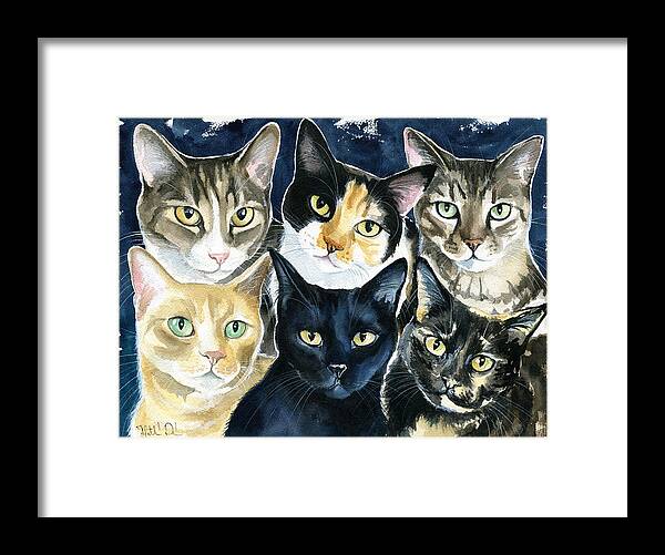 Pet Portrait Framed Print featuring the painting The Tuna Can Gang by Dora Hathazi Mendes