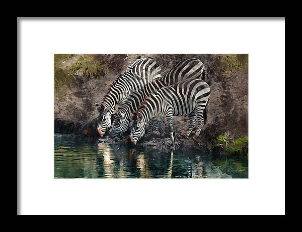 Zebra Framed Print featuring the digital art The Waterhole by Peter Kennett