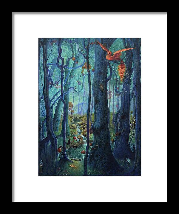 Firebird Framed Print featuring the painting The World Between the Trees by Lynn Bywaters