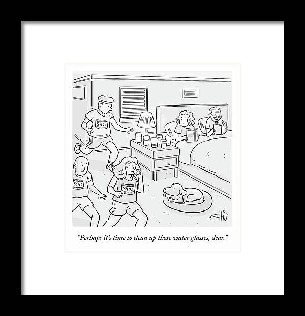 Perhaps It's Time To Clean Up Those Water Glasses Framed Print featuring the drawing Those Water Glasses by Ellis Rosen