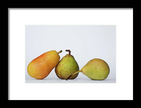 Healthy Eating Framed Print featuring the photograph Three Diferent Pears Isolated On Grey by Irantzu Arbaizagoitia Photography