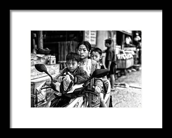 Boys
Young Women
Street
Motorcycle
City Life
Laos Framed Print featuring the photograph Three In Motorcycle by Luis Borges Alves