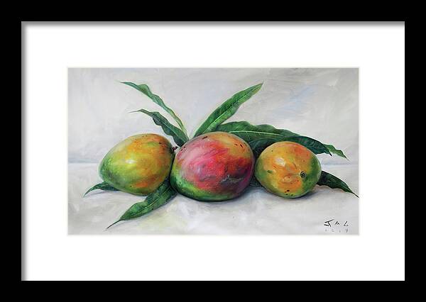 Still Life Framed Print featuring the painting Three Julie Mangos by Jonathan Gladding