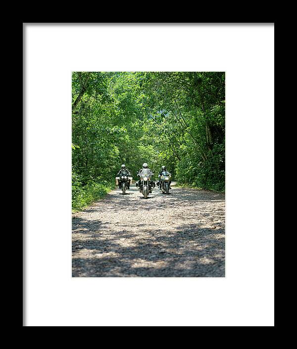Crash Helmet Framed Print featuring the photograph Three Men Riding Motorbikes Along by Xpacifica