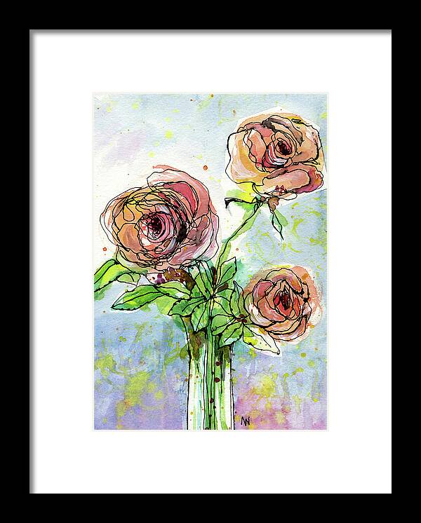 Watercolor Framed Print featuring the painting Three Roses by AnneMarie Welsh