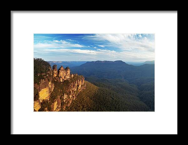 Scenics Framed Print featuring the photograph Three Sisters Rock Formation, Blue by Sara winter