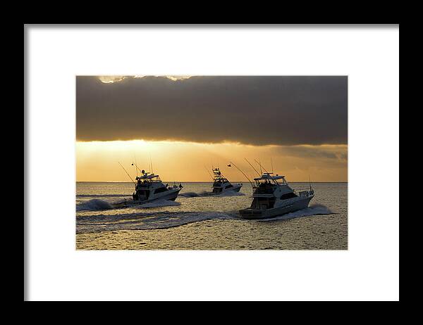 Fishing Framed Print featuring the photograph Three sport fishing boats head out off Catalina island t by David Shuler