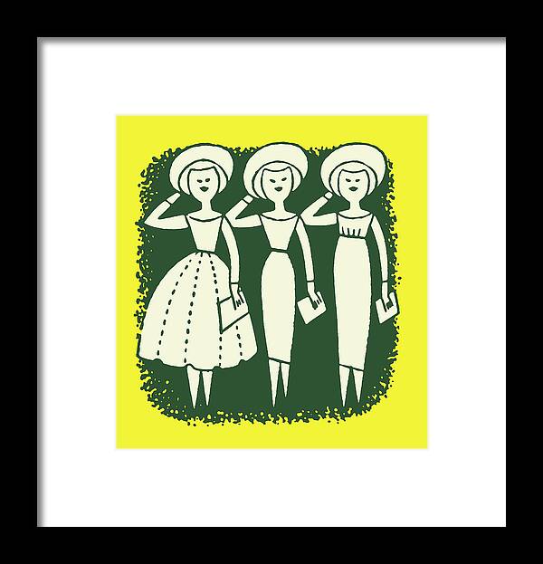 Accessories Framed Print featuring the drawing Three Women in Hats and Dresses by CSA Images