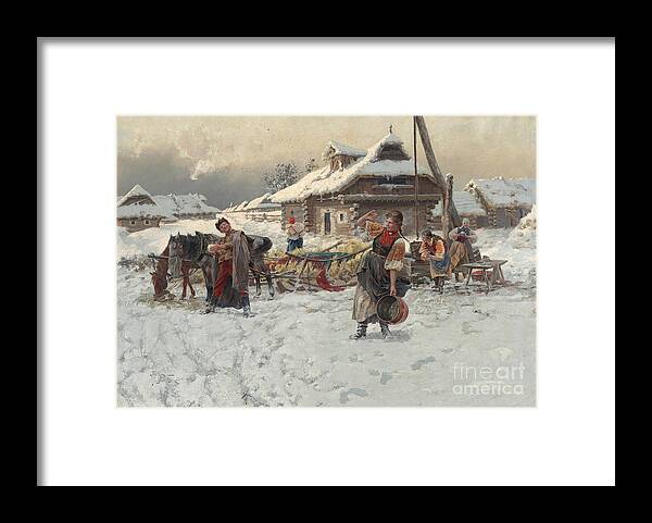 Oil Painting Framed Print featuring the drawing Throwing Snowballs by Heritage Images
