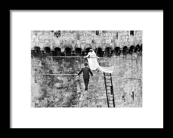 Bridegroom Framed Print featuring the photograph Tightrope Wedding In La Rochelle, 1959 by Keystone-france