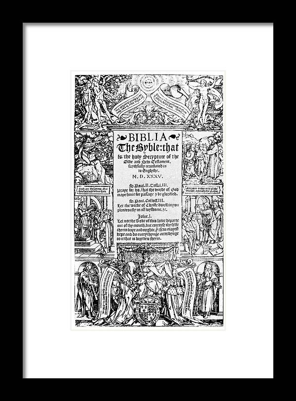 20-29 Years Framed Print featuring the drawing Title Page Of The Coverdale Bible, 1535 by Print Collector