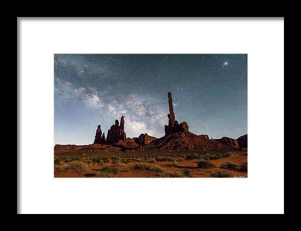 Monument Valley Tribal Park Framed Print featuring the photograph Totem Pole, Yei Bi Che and Milky Way by Dan Norris