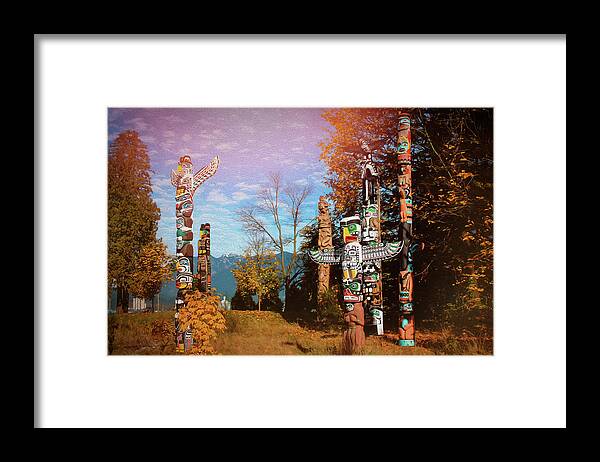 Vancouver Framed Print featuring the photograph Totem Poles Stanley Park Vancouver Canada by Carol Japp