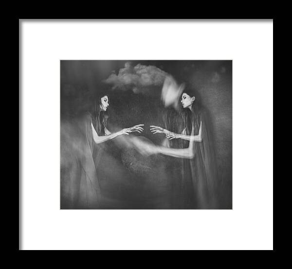 Dreams Dreaming Girls Photography Photoedit Photoshop Ideas Touchingthesky Clouds Space Mystery Secrets Flying Blackandwhite Mind Mood Framed Print featuring the photograph Touching The Dreams by Sandra Ulfig Arps