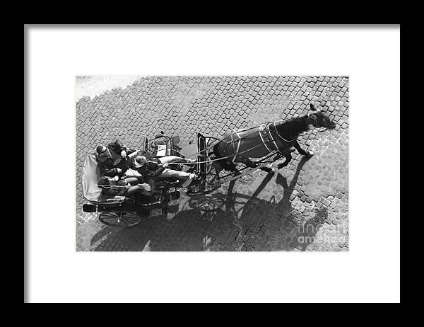 From Above Framed Print featuring the photograph Touristes on Horse Carriage - Rome BW Cityscape Poster by Stefano Senise
