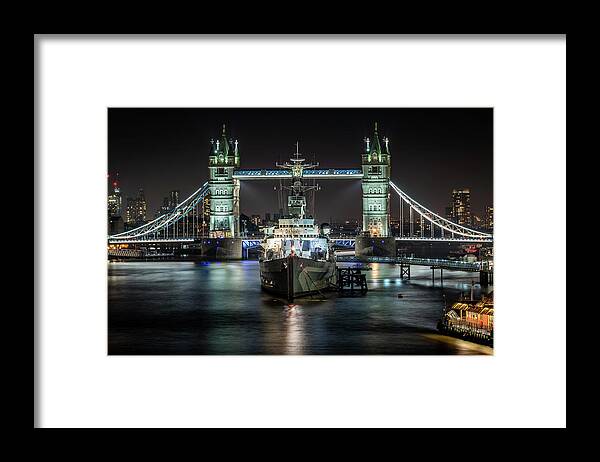 London Framed Print featuring the photograph Tower Bridge and HMS Belfast by Framing Places