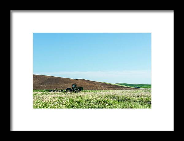 Outdoor; Wheat Field; Tractor; Palouse; Spring; East Washington; Washington Beauty Framed Print featuring the digital art Tractor and rolling wheat field at Palouse by Michael Lee