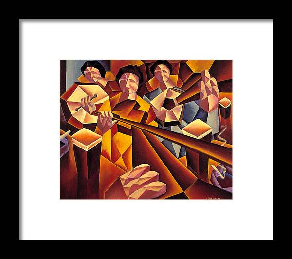 Traditional Framed Print featuring the painting Traditional irish music session with structured musicians by Alan Kenny