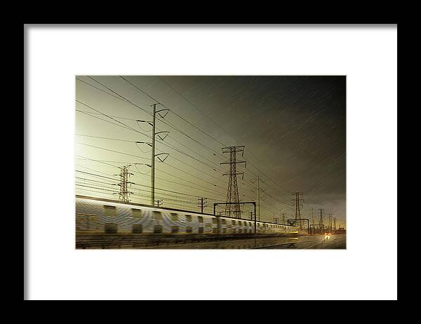 Train Framed Print featuring the digital art Train Speeding By Power Lines by Chris Clor