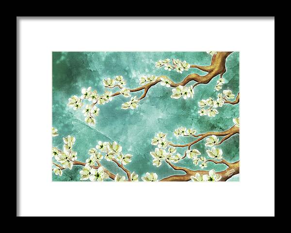Cherry Blossoms Framed Print featuring the digital art Tranquility Blossoms in Teal by Laura Ostrowski