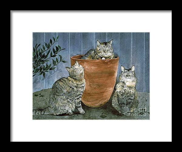 Three Neighbors Cats Gather On Our Front Porch. Framed Print featuring the painting Tres Gatos by Monte Toon