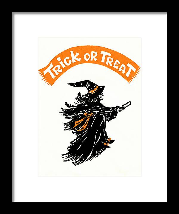 Witch Framed Print featuring the painting Trick or Treat - Flying Witch Banner by Unknown