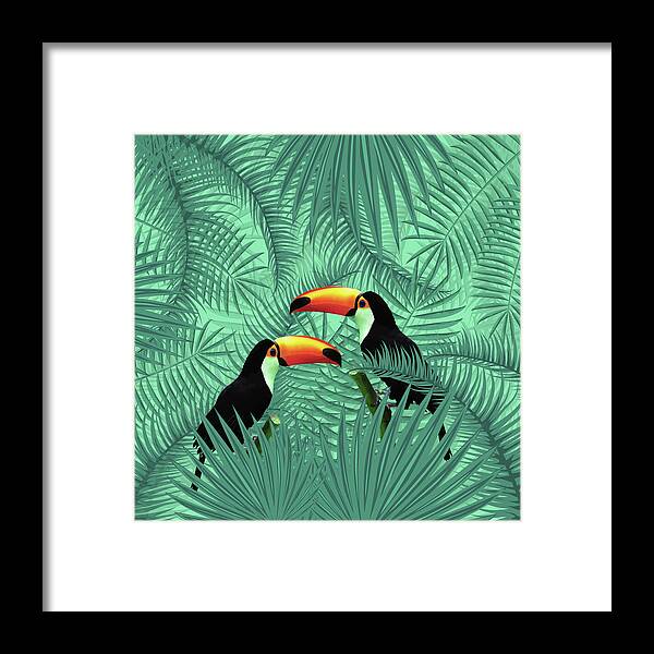 Tropical Framed Print featuring the mixed media Tropical Forest - Toucan birds - Tropical Palm Leaf Pattern - Leaf Pattern - Tropical Print 2 by Studio Grafiikka