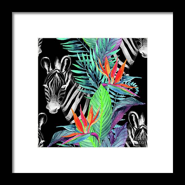Watercolor Painting Framed Print featuring the digital art Tropical Jungle Seamless Pattern by Tanya Syrytsyna