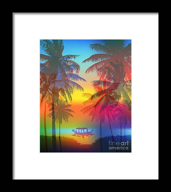 Palm Framed Print featuring the digital art Tropical Sunset On Palm Beach by Yulianas