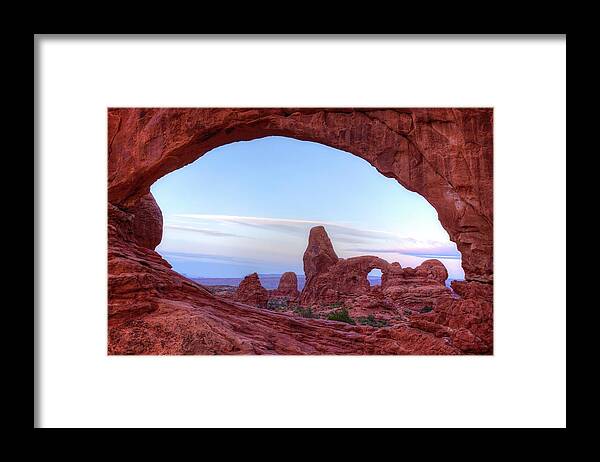 Tranquility Framed Print featuring the photograph Turret Arch Framed By North Window Arch by Todd Hakala Photography -- Toddhakala.com