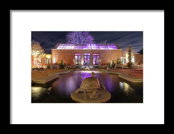 Night Turtle Fountain Ma Mass Massachusetts Brian Hale Brianhalephoto Outside Outdoors Reflection Christmas Lights Clouds Holiday Framed Print featuring the photograph Turtle at Night by Brian Hale