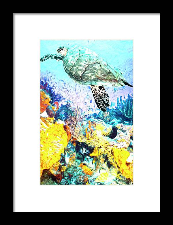 Atlantic Framed Print featuring the photograph Turtle at the Reef Painting by Debra and Dave Vanderlaan